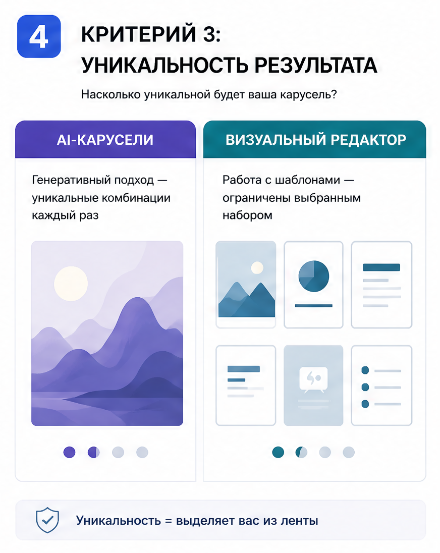 Слайд 4: критерий 3 - уникальность результата, AI-генерация vs набор шаблонов