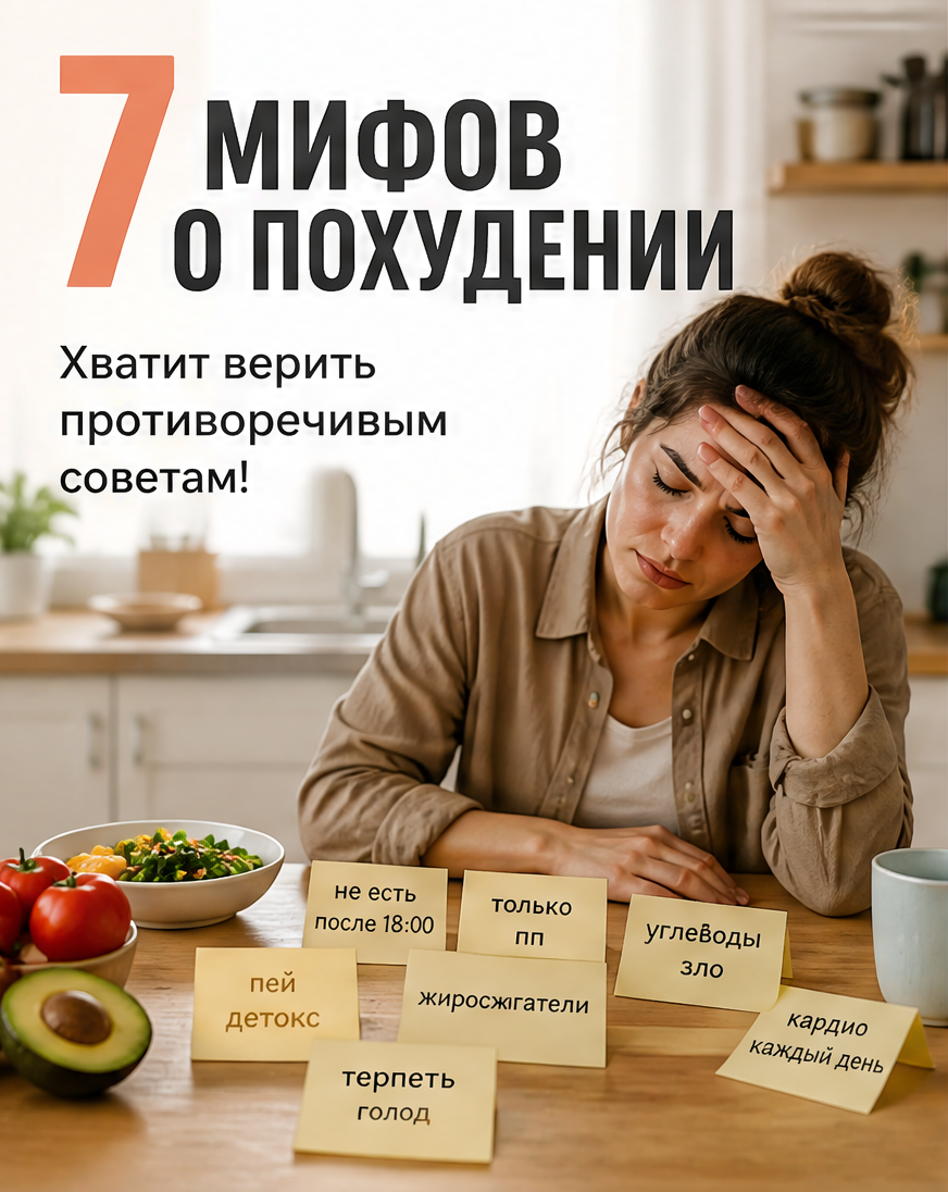 Слайд 1: hook «За 7 лет работы я слышу одни и те же мифы о похудении»