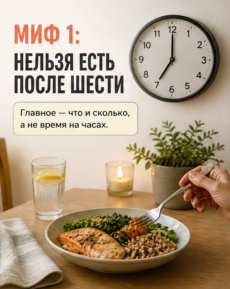 Слайд 2: миф 1 - надо есть только до 18:00, факт со ссылкой на исследование