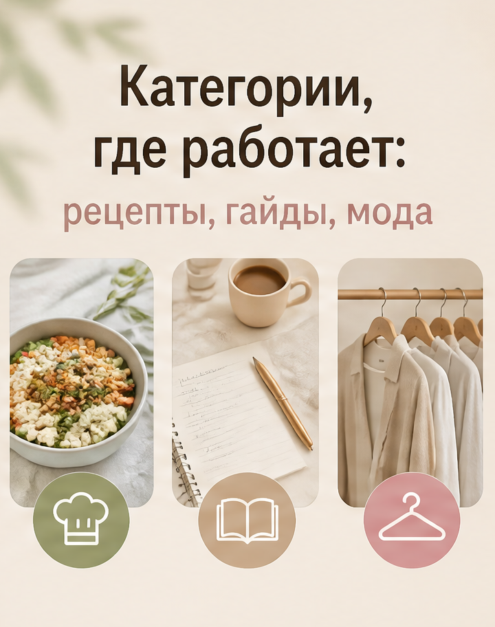 7: Категории, где работает: рецепты, гайды, мода