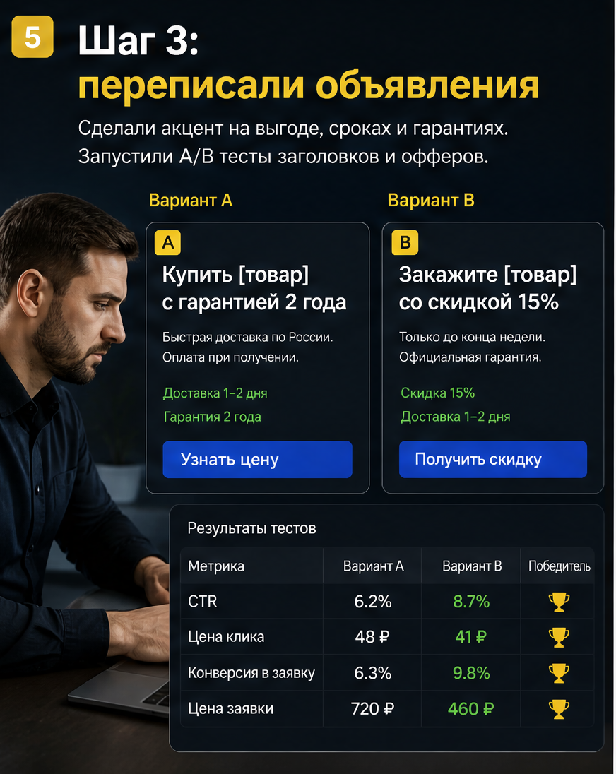Слайд 5: третий шаг - ручные ставки и расширение минус-фраз