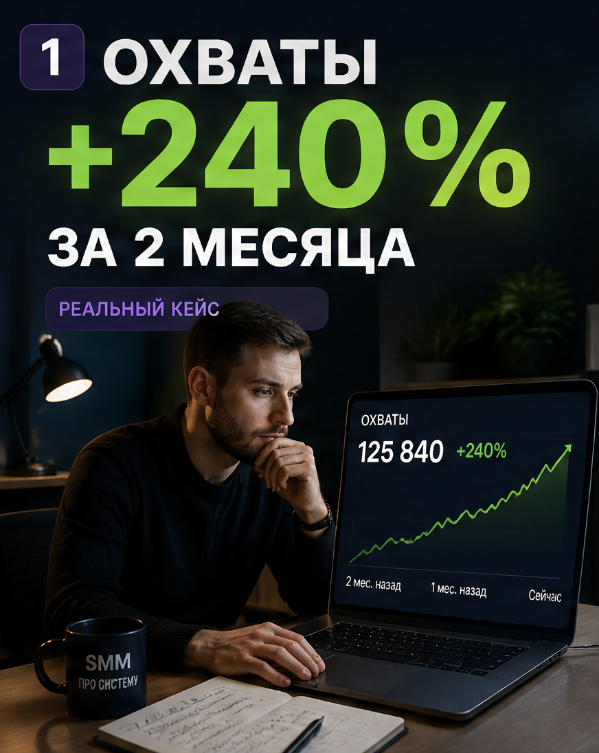 Слайд 1: hook «Охваты +240% за 2 месяца» с лицом SMM-специалиста и графиком роста