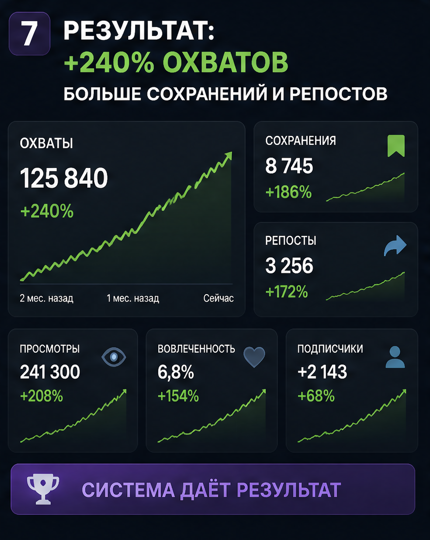 Слайд 7: результат +240% охватов с KPI-панелью и графиком роста