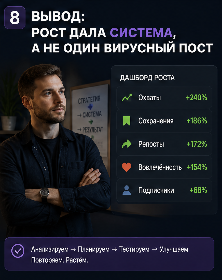 Слайд 8: вывод «Рост дала система, а не один вирусный пост» с лицом эксперта у dashboard
