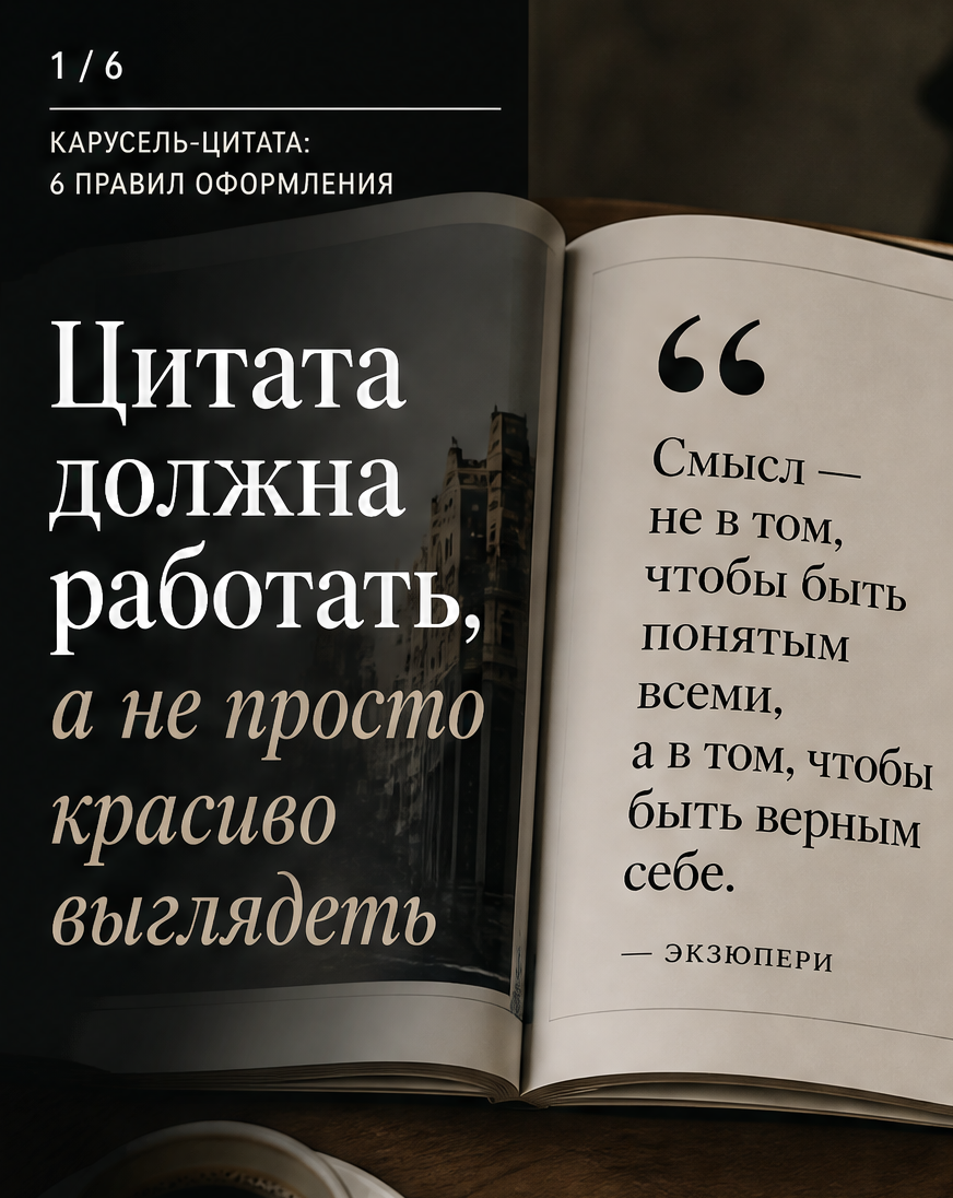 Слайд 1: hook «Цитата должна работать, а не просто красиво выглядеть» с крупной цитатой