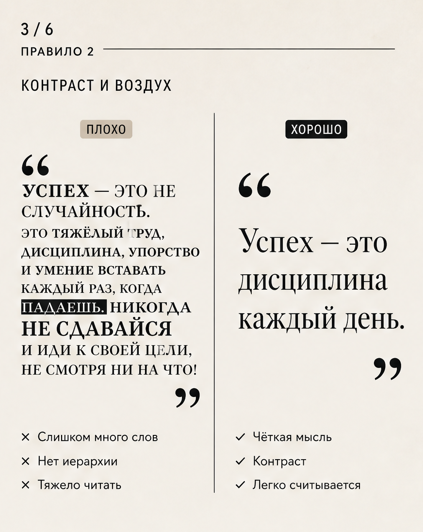 Слайд 3: правило 2 - контраст и воздух, сравнение перегруженного и чистого варианта