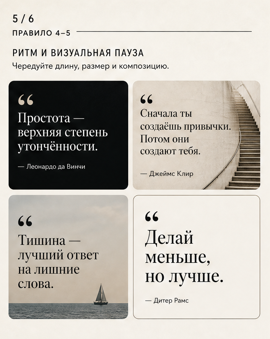 Слайд 5: правила 4-5 - ритм и визуальная пауза, серия карточек с разной динамикой