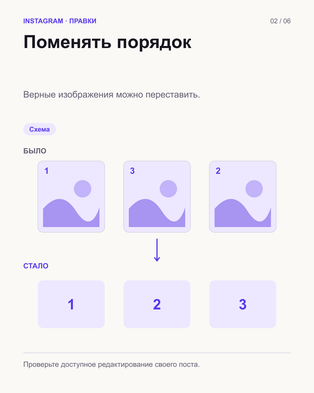 Последовательность 1–3–2 преобразована в 1–2–3 через стрелку перестановки.