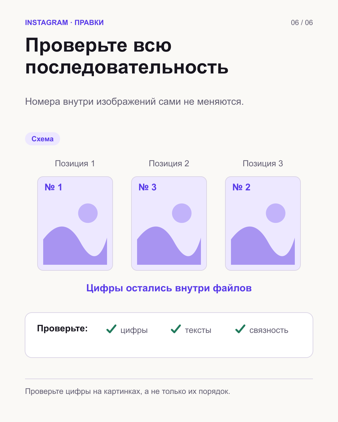 После перестановки карточки с вписанными номерами остаются с прежними цифрами; проверка чисел, текста и связности.