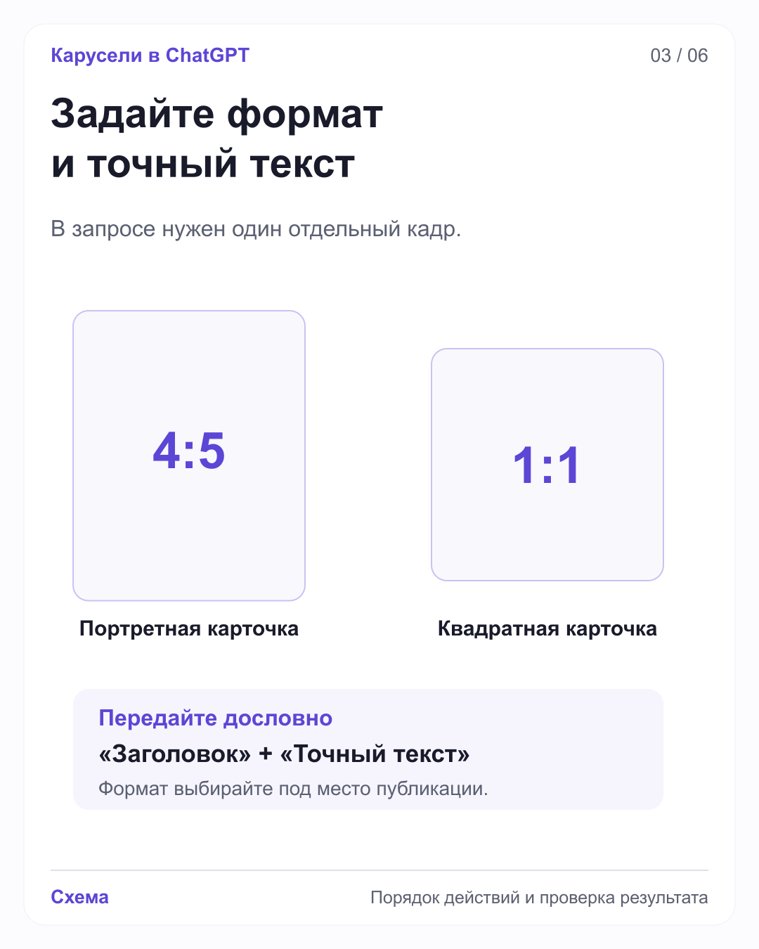 Два соразмерных прямоугольника 4:5 и 1:1 показывают варианты карточки. Отдельный блок просит передавать точный заголовок и текст.