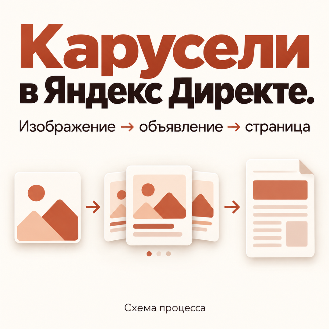 Карусели в Яндекс Директе. Концептуальная схема: Изображение → объявление → страница. Редакторская иллюстрация, не интерфейс приложения.