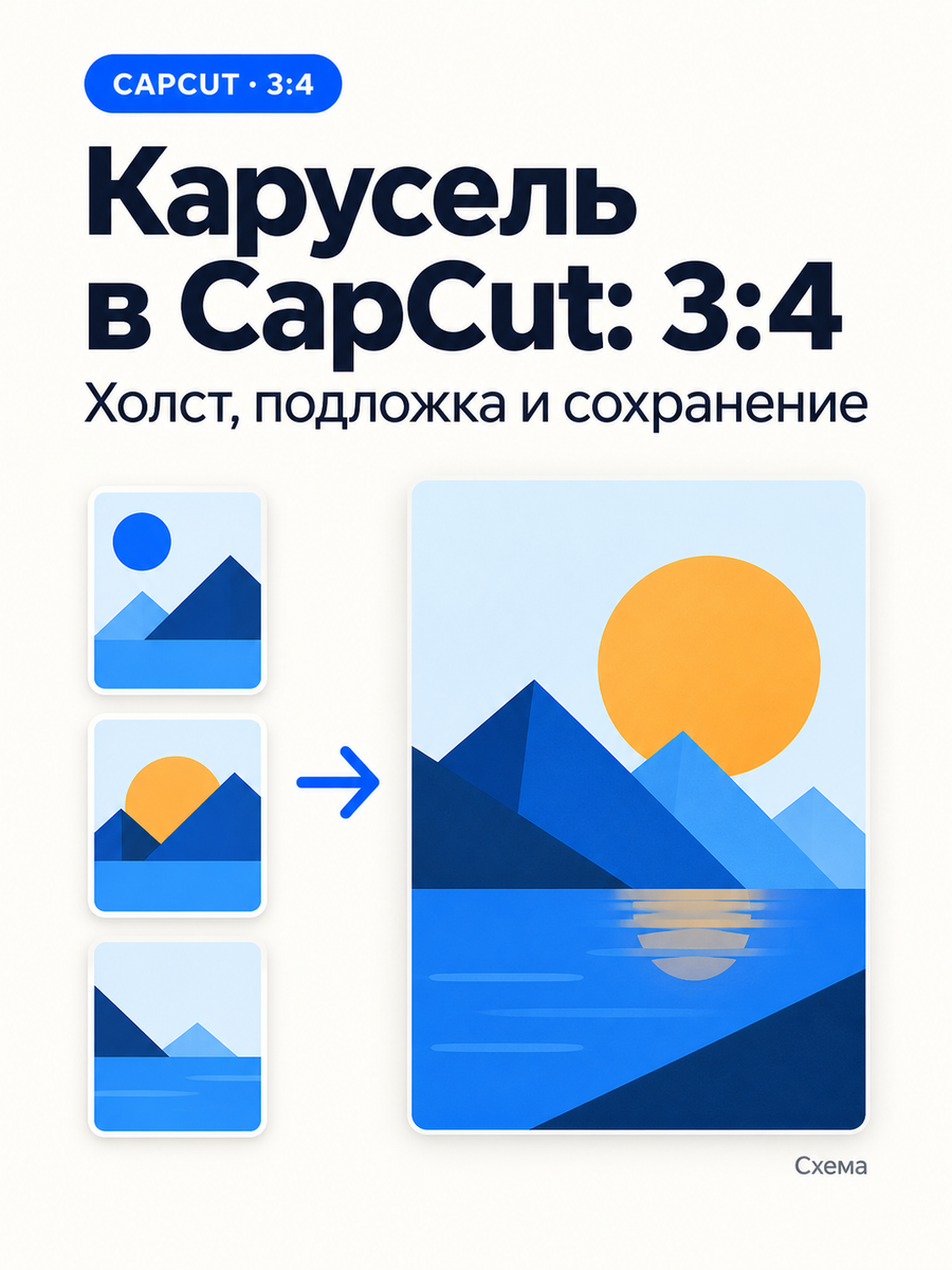 Карусель в CapCut: 3:4. Редакционная обложка: геометрическое изображение в холсте и отдельные карточки.