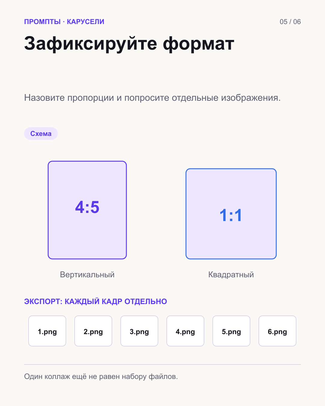 Сопоставление прямоугольного кадра 4:5 и квадратного 1:1; ниже шесть отдельных файлов.