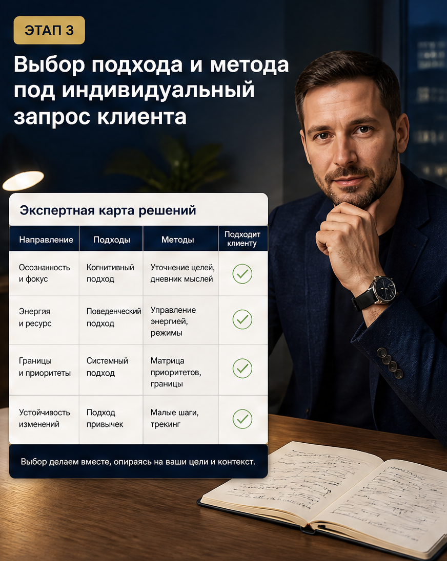 Слайд 4: этап 3 с фото эксперта - выбор подхода и метода под запрос