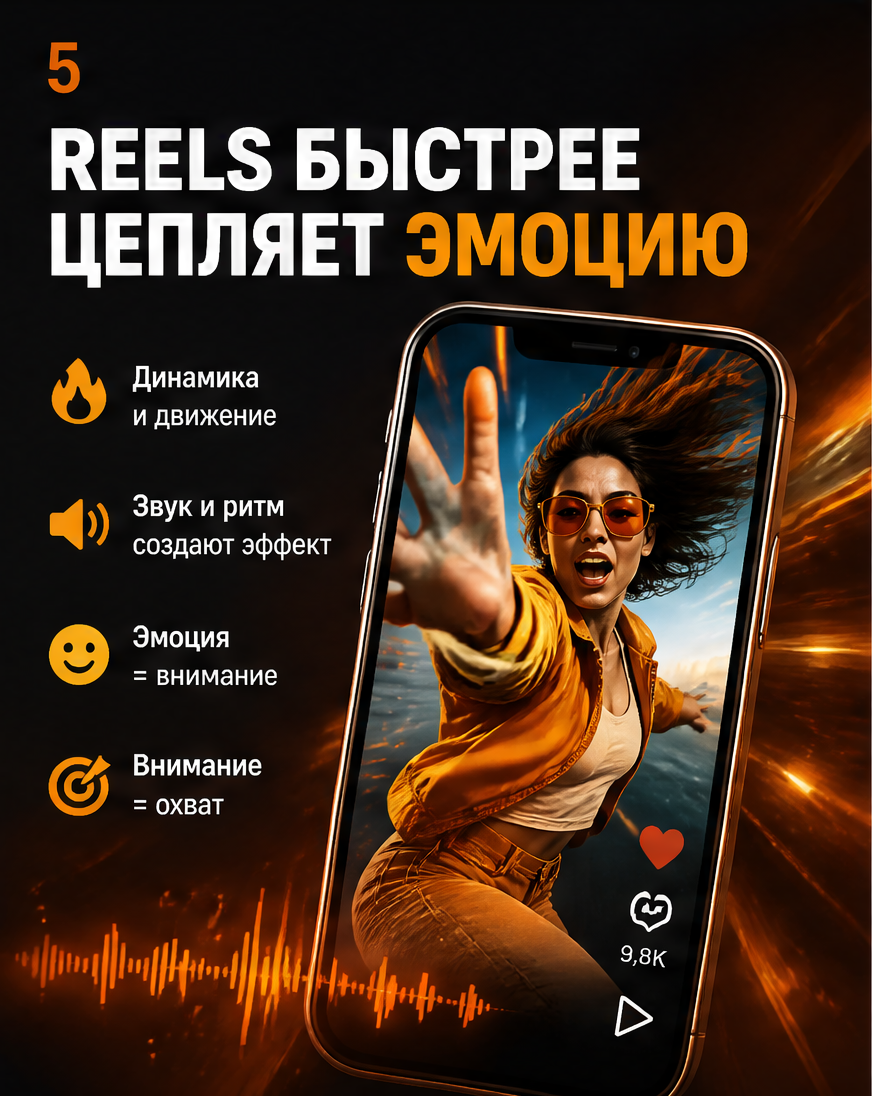 Reels быстрее цепляет эмоцию: динамичный кадр и движение