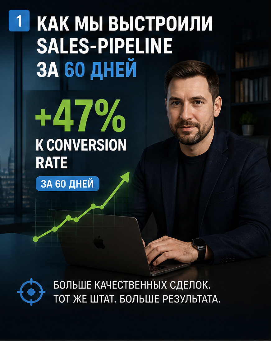 Слайд 1: hook «Как мы выстроили sales-pipeline за 60 дней» с цифрой
