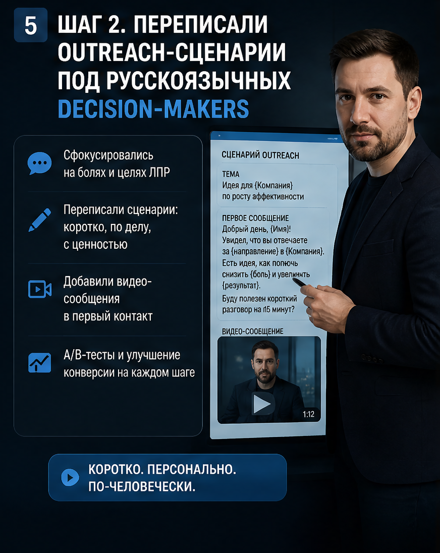 Слайд 5: второй шаг - скрипты outbound и outreach