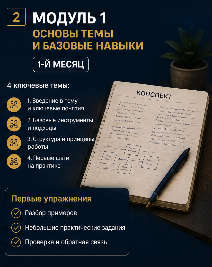 Слайд 2: модуль 1 - основы темы и базовые навыки за первый месяц