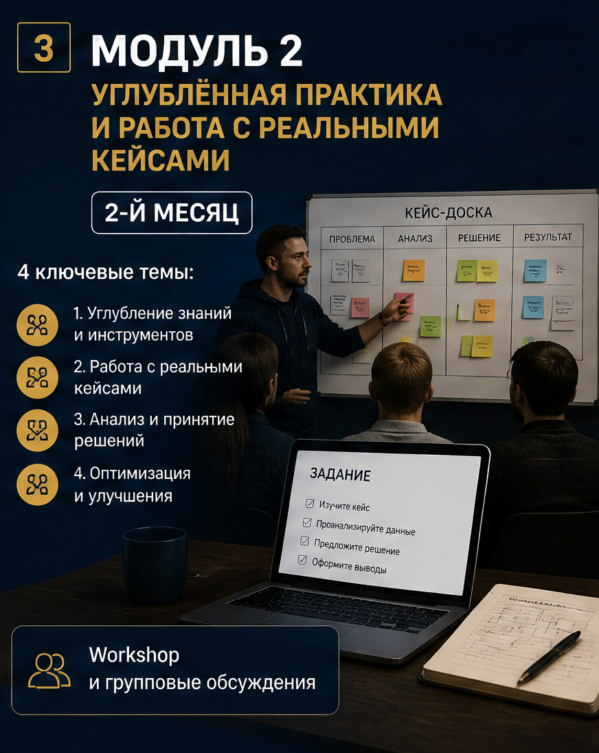 Слайд 3: модуль 2 - углублённая практика и работа с кейсами