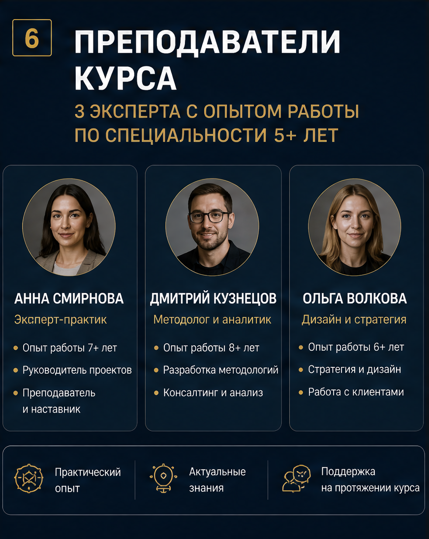 Слайд 6: преподаватели курса с опытом работы по специальности