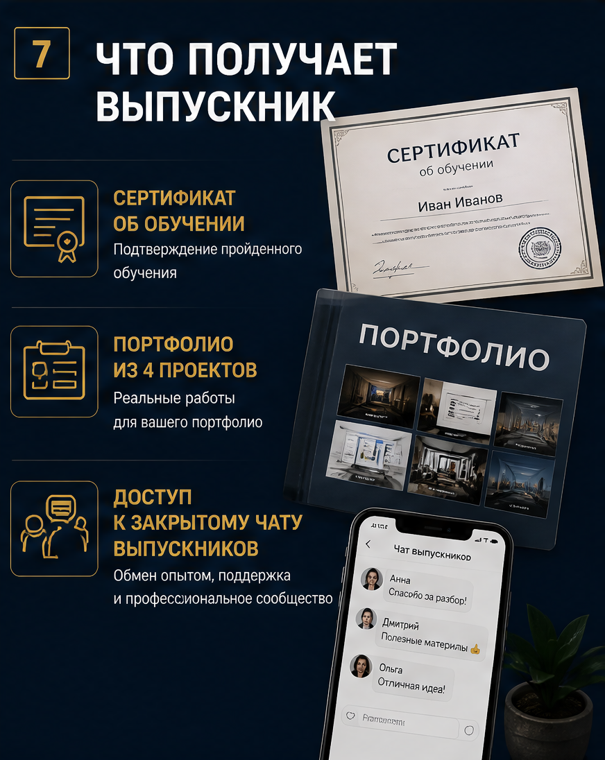 Слайд 7: что получает выпускник - сертификат, портфолио, доступ к чату