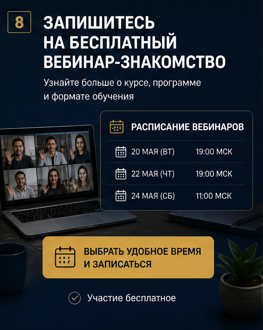 Слайд 8: CTA - запишитесь на бесплатный вебинар-знакомство