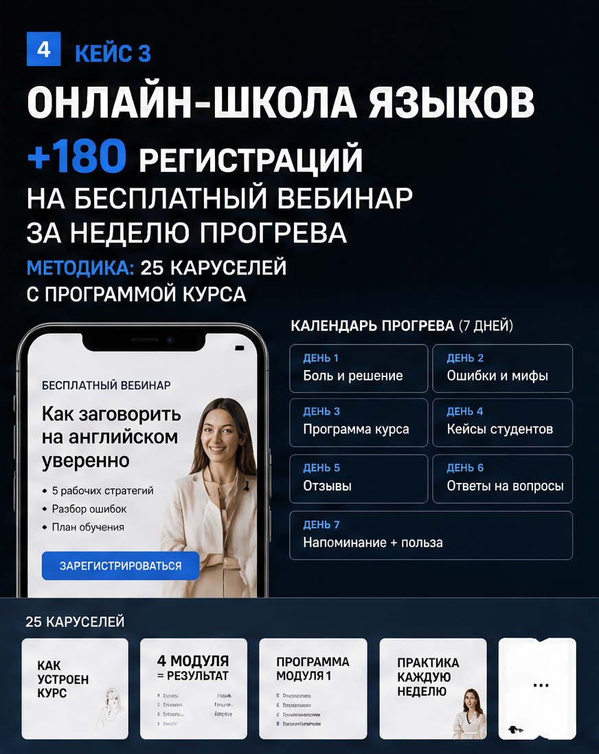 Слайд 4: третий кейс - онлайн-школа, рост заявок после серии прогрева