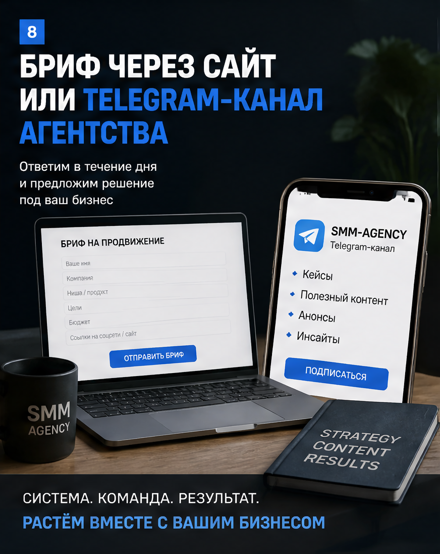 Слайд 8: CTA на бриф через сайт или Telegram